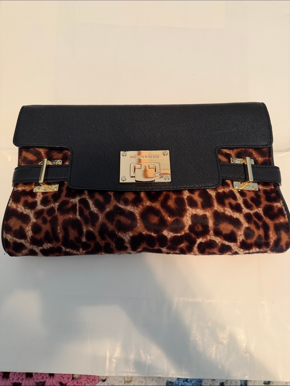 Michael Kors Black & Leopard Print Clutch with Gold Hardware